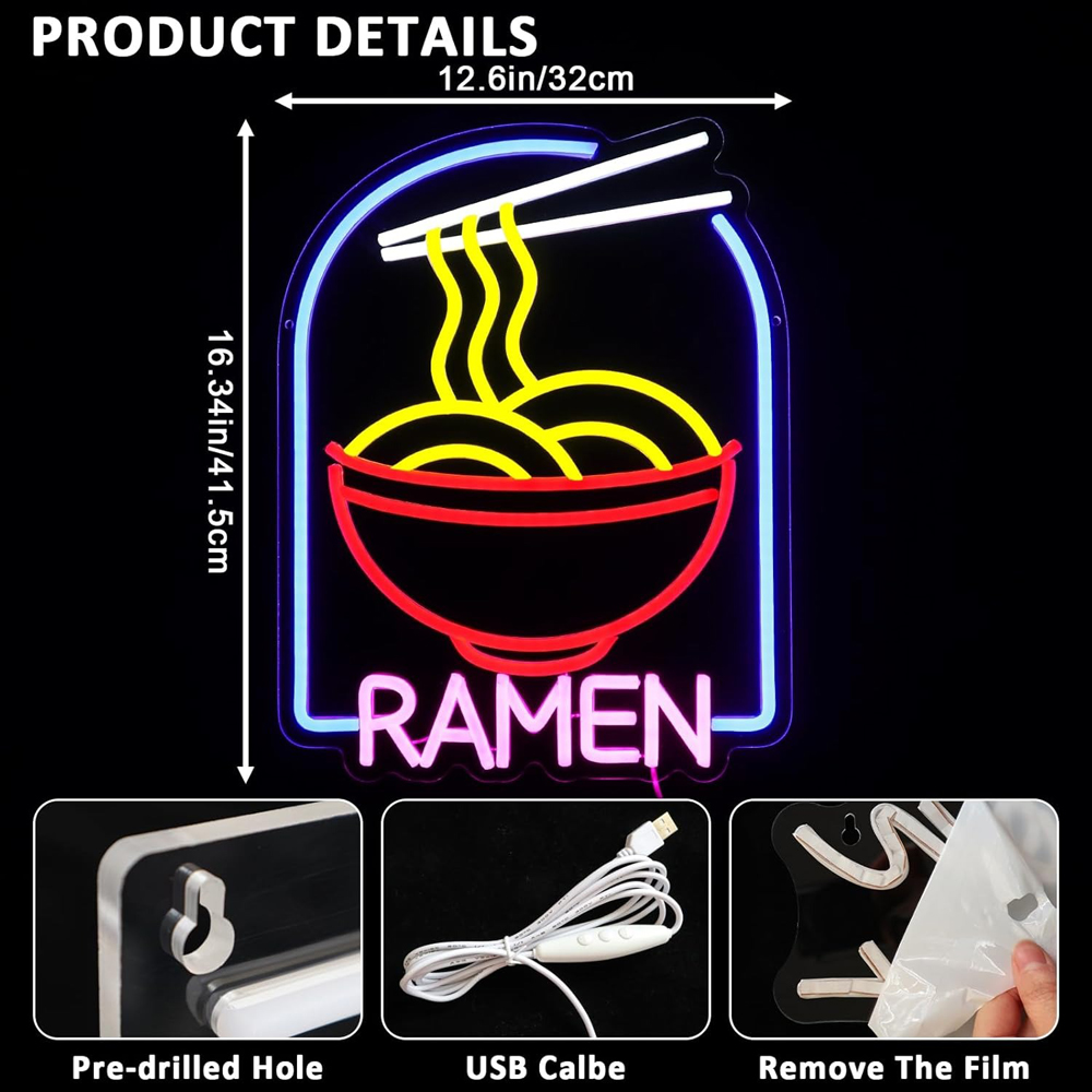 thumbnail image 2 of Ramen Neon Sign - LED Noodle Light For Wall Decor, 16.1''x12.6'', USB Powered For Home Or Shop 2 of 11