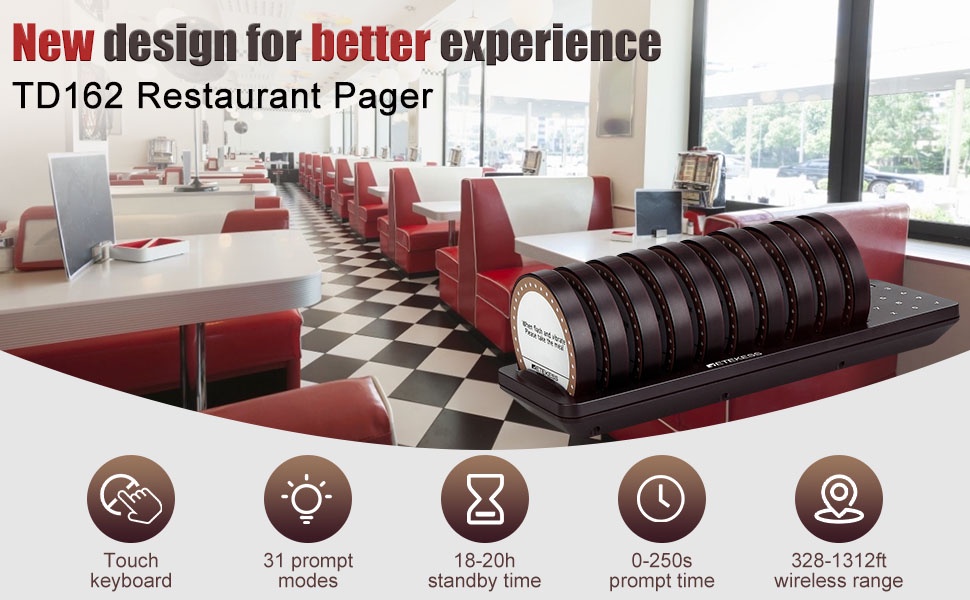 Retekess TD163 Pagers For Restaurant Wireless Calling System 30 Coaster Buzzer Vibrator Bell Receivers For Food Truck Cafe Bar