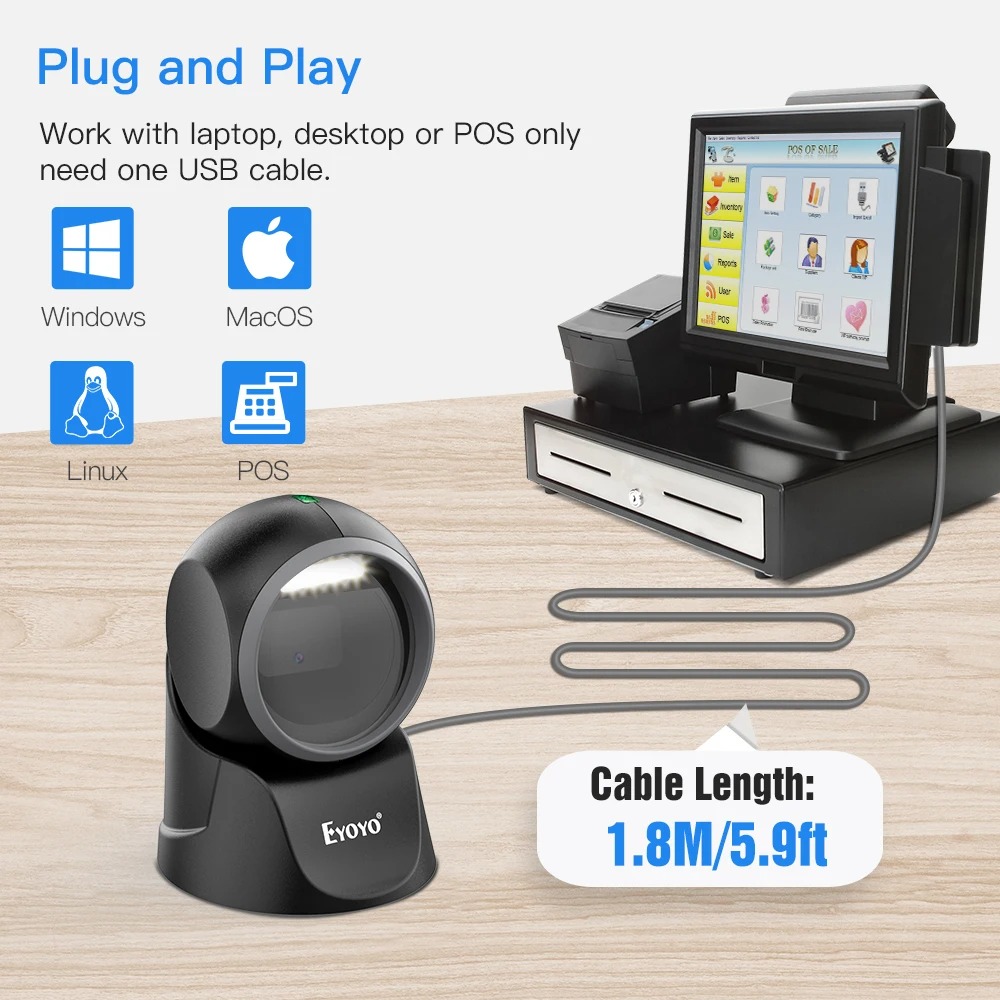 Eyoyo EvnvnEV7130 Desktop Barcode Scanner With Automatic Sensing USB