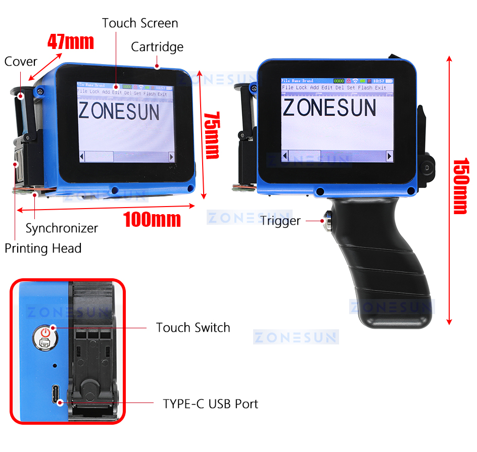 ZONESUN Mini Printer Handheld Inkjet Printer Portable Date Coding ...
