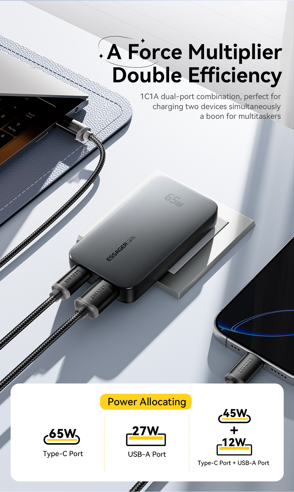 ESSAGER 65W GaN Ultra-thin card-type fast charging charger USB+Type-C ...