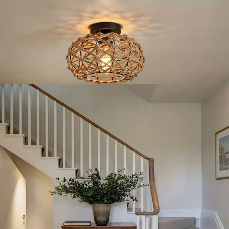 Vintage Rustic Hand-woven Rattan Ceiling Lights For Living Room Led ...