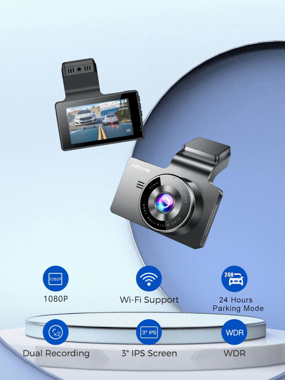1080P Dual Lens Dash Cam 3'' IPS Screen 170° Wide Angle Car Camera