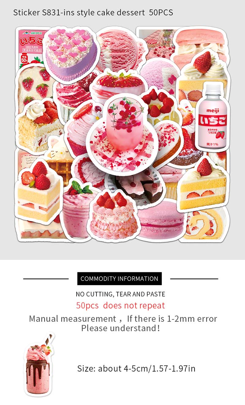 50Pcs Cartoon Pink Sweet Dessert Cake Stickers Waterproof Food Decals ...