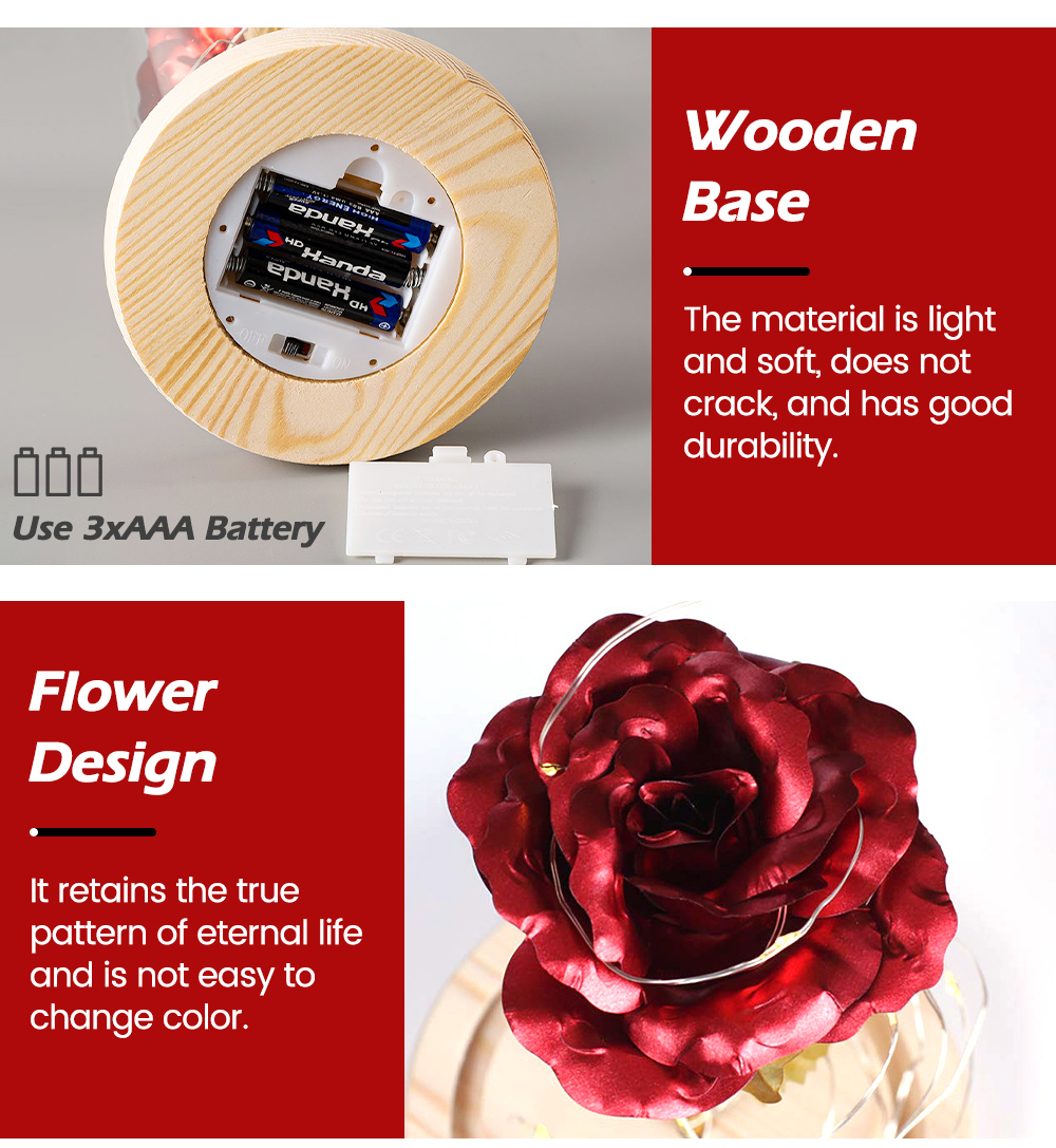 LED Light Rose In Glass Dome On Wooden Base Artificial Flower Lamp ...