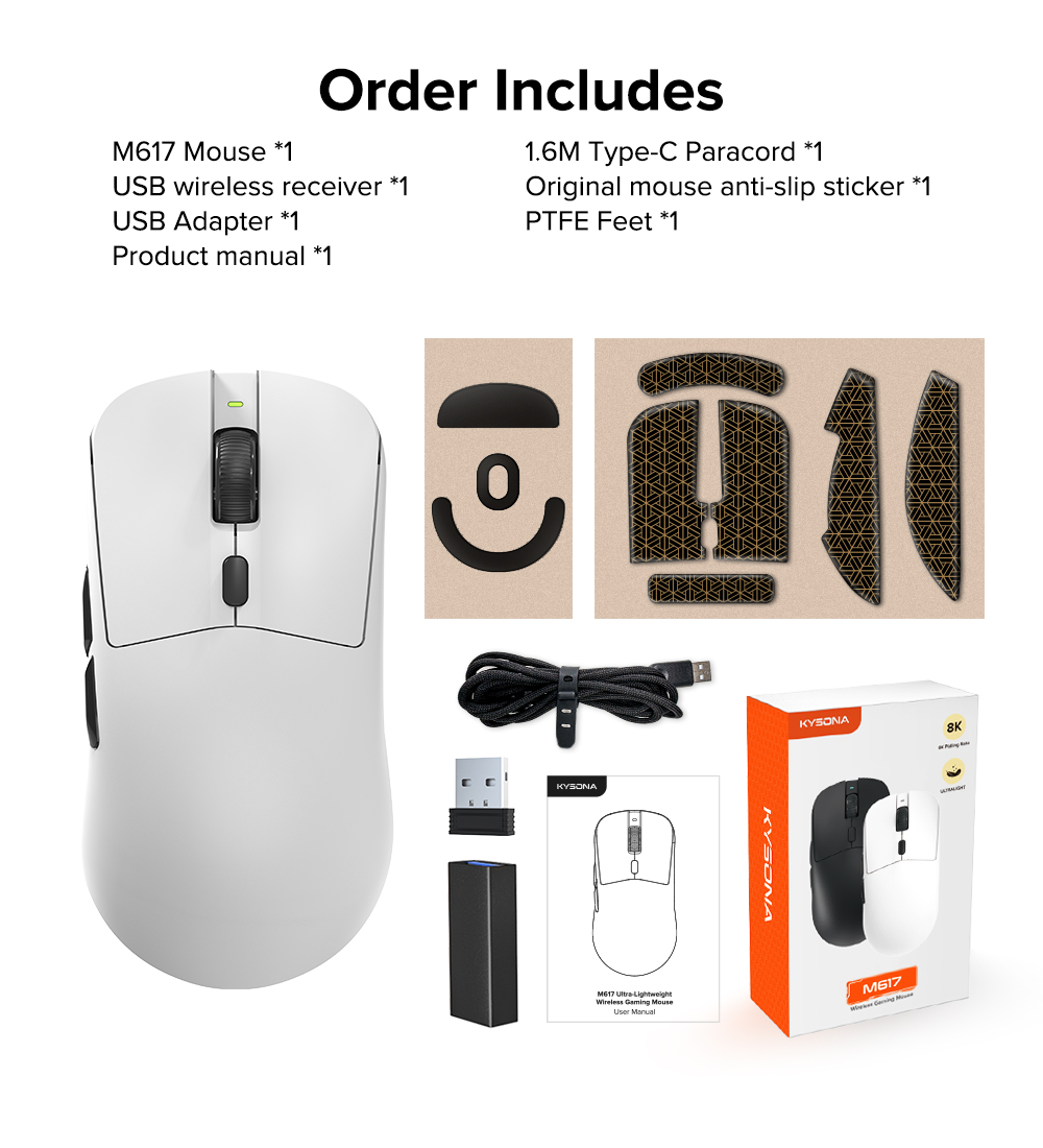 KYSONA M617 8K Gaming Mouse Wireless PAW3395 Sensor Max 26000 DPI Large ...