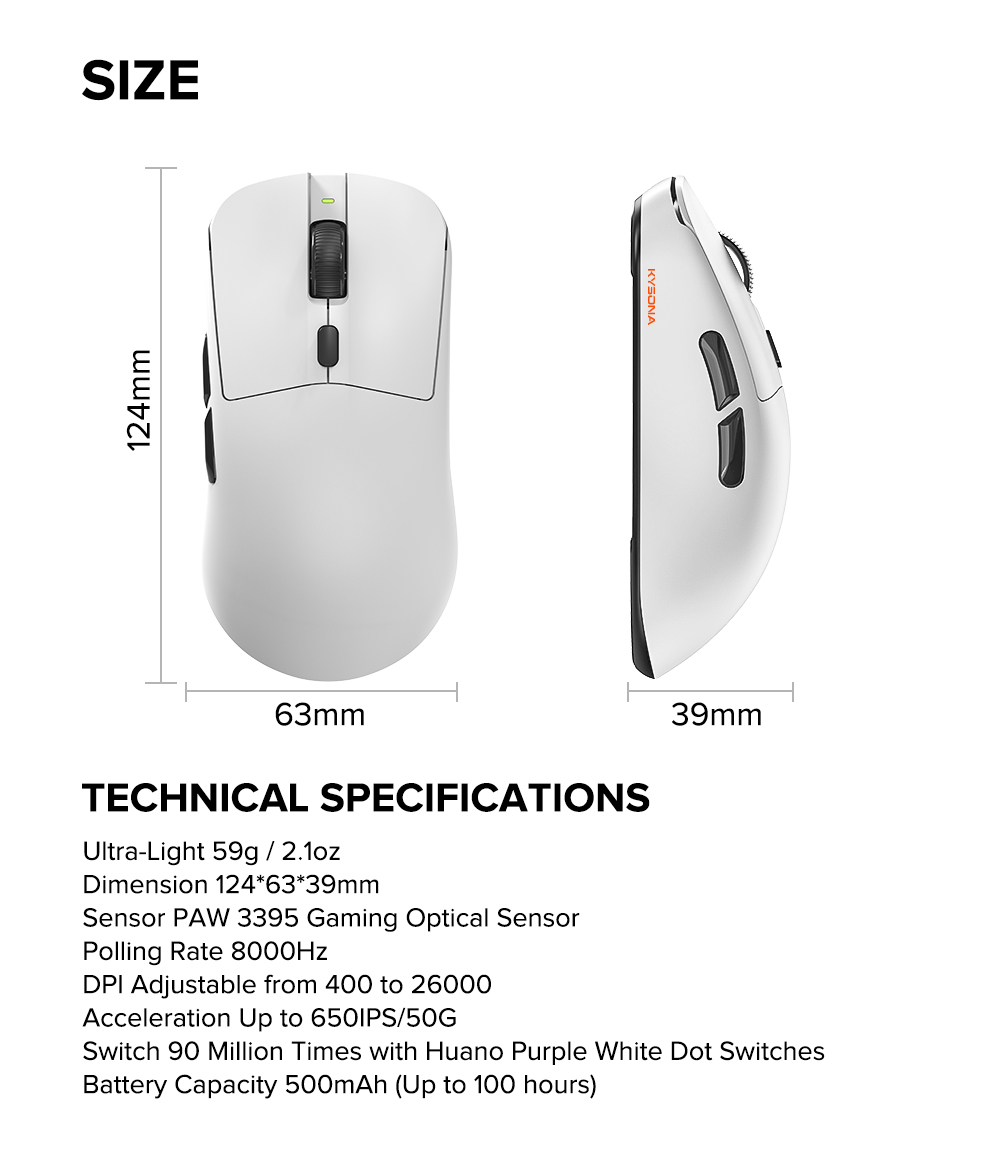 KYSONA M617 8K Gaming Mouse Wireless PAW3395 Sensor Max 26000 DPI Large ...