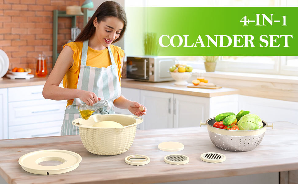 4-1 Colander with Bowl Set - Rotatable Strainers for Kitchen, Food ...