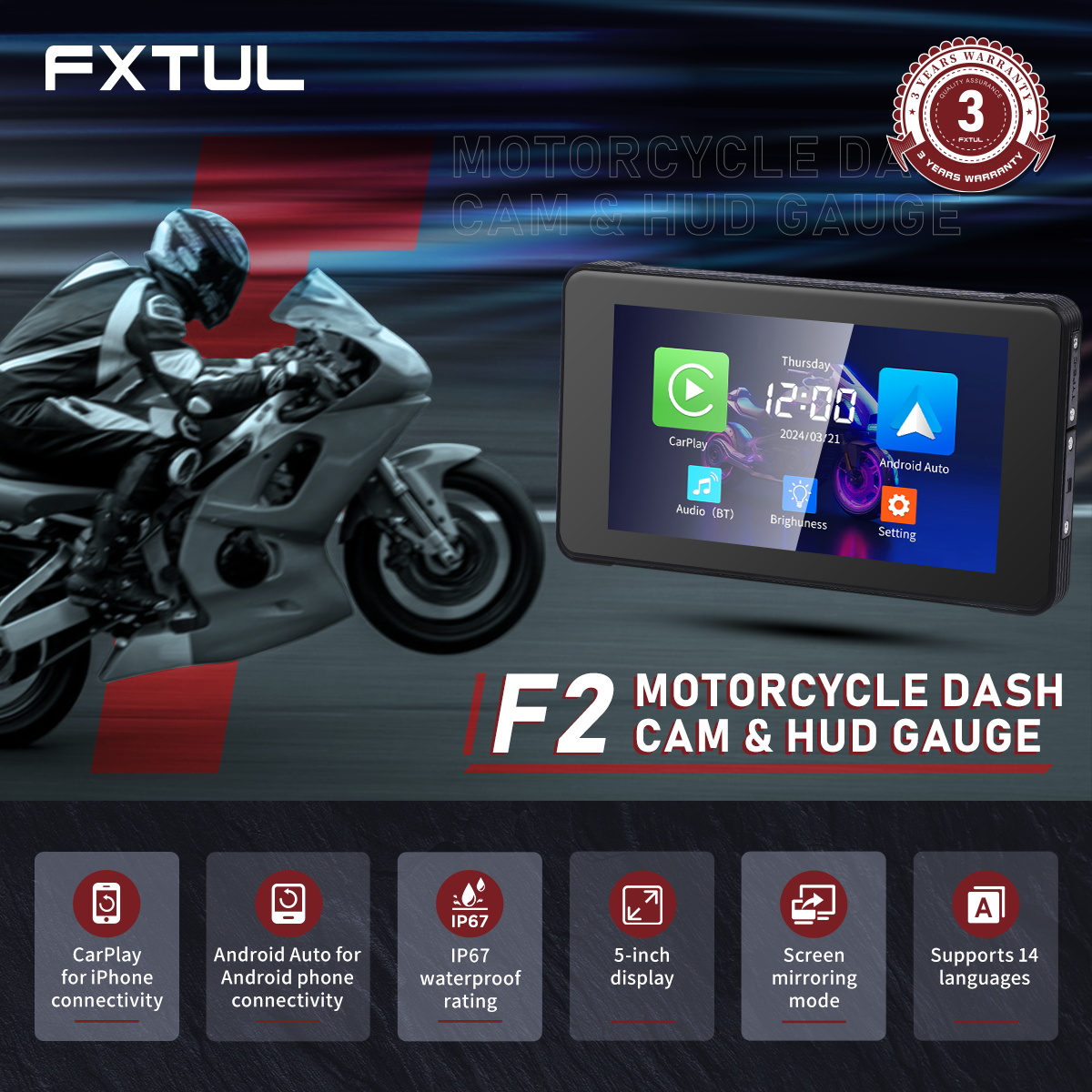 FXTUL F2 Motorcycle Navigator 5inch Touch Screen Motorcycles HUD Gauge ...