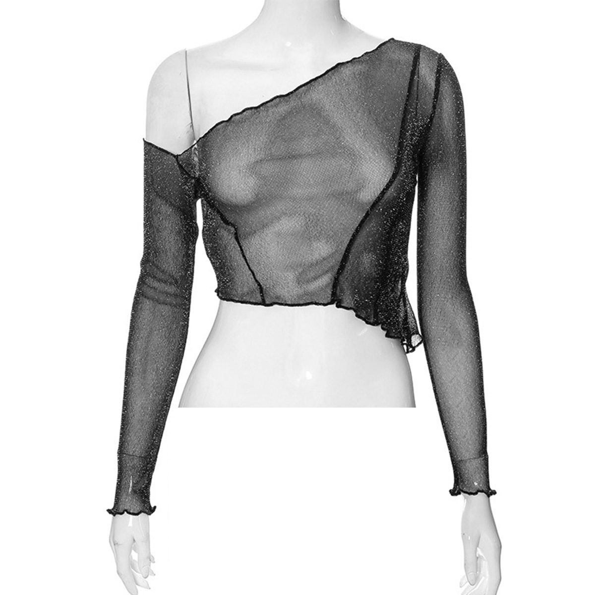 Slanted shoulder mesh top ladies solid color shiny irregular collar ...