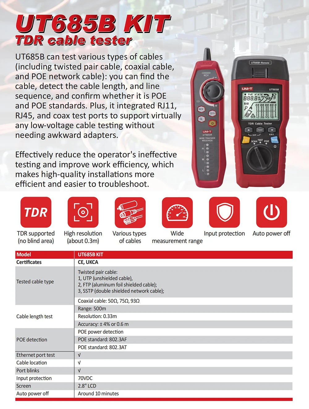 UNI-T UT685B Kit TDR Cable Tester Pair Coaxial POE Network Cable Length ...