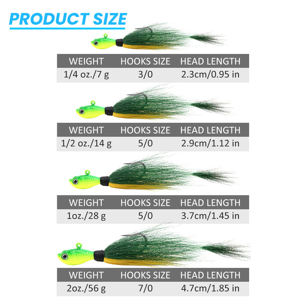 BLUEWING Bucktail Jig 2-Pack With High Carbon Steel Hook | 0.5oz/1oz/2oz Lead Head Saltwater Fluke Lure For Bass & Bluefish
