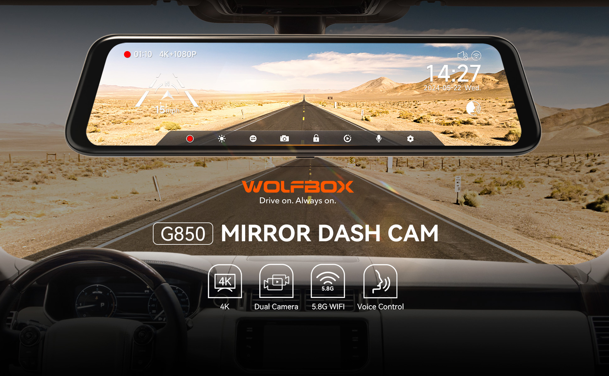 WOLFBOX T10P 2.5K Dash Ca Irror Built In Wifi GPS, Rear View Irror - Foto 3