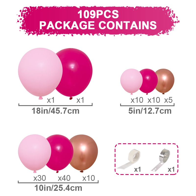 109pcs Hot Pink Latex Balloons Party Decorations Rose Gold Metallic ...