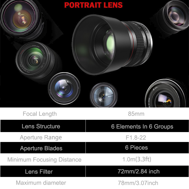 Objectif Manuel 85mm F1.8 Pour Nikon F - Plein Format, Métal, 330g - Compatible D850, D750, D610, D90, Etc. - 14