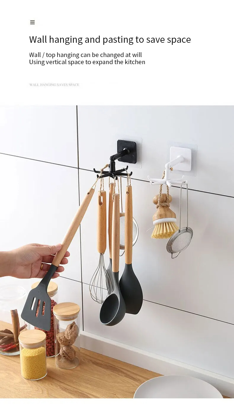 ONE pc Kitchen Rotating Punch-free Wall-mounted Shelf 6 Rotating Hooks ...