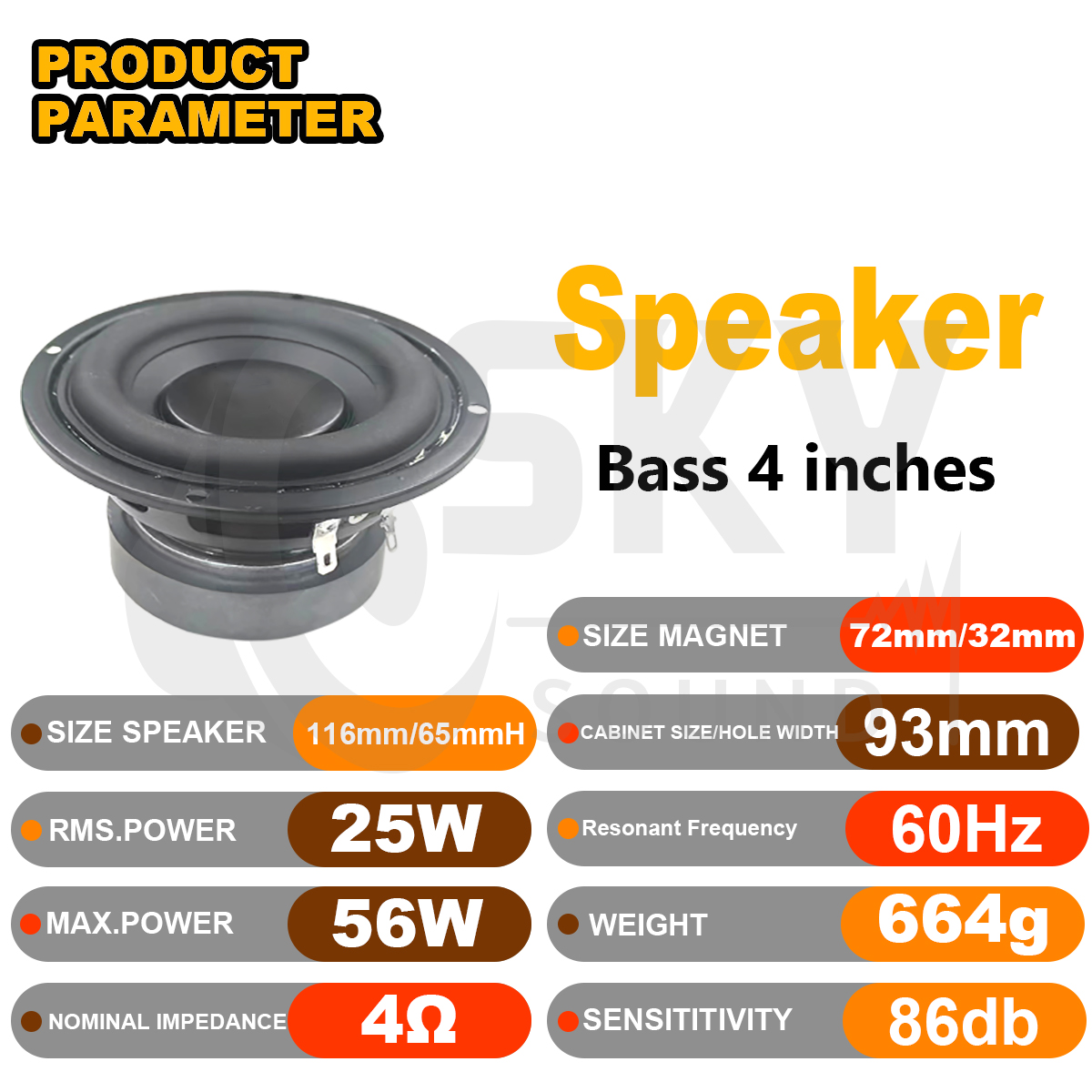SKYSOUND 4 inch Subwoofer Speaker 4Ω 25W BASS Speaker Car Stereo Car ...