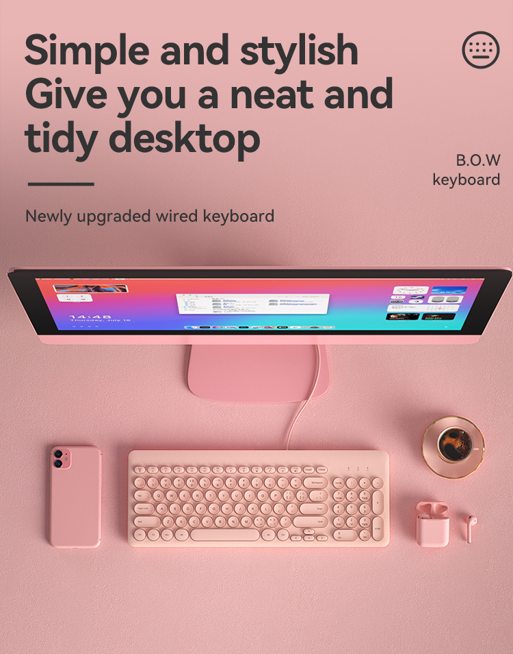 BOW K221U Wired Keyboard 96 Keys Pink White Ergonomic Retro Punk ...