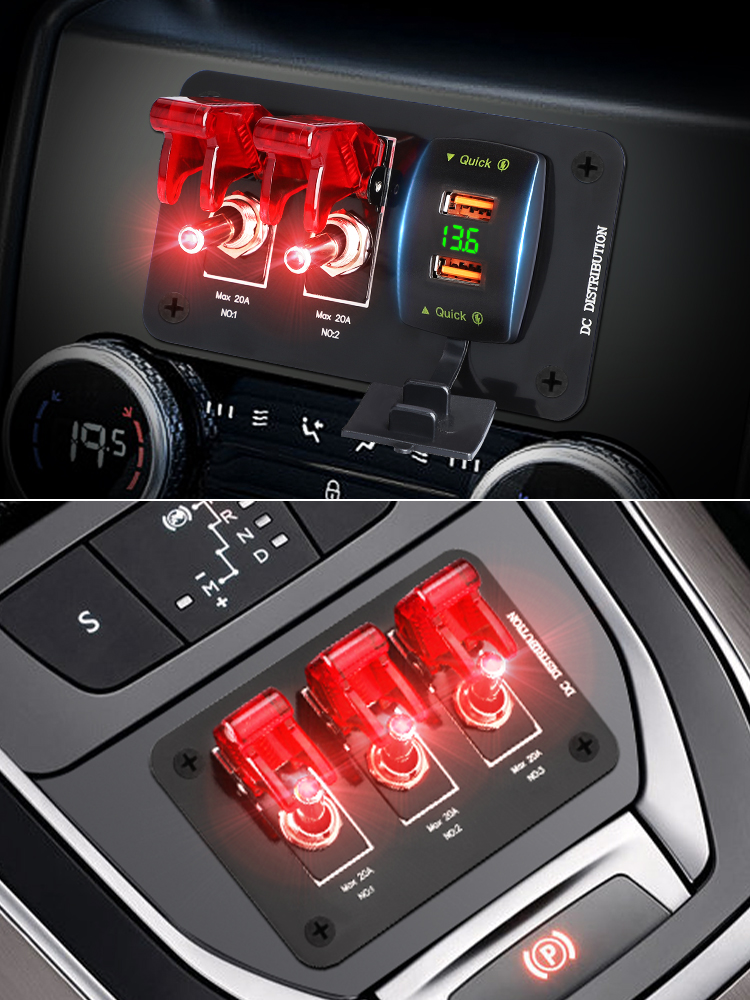 36W QC 3 Gang Heavy Duty Rocker Toggle Switch Panel 12V 20A Red Cover ...
