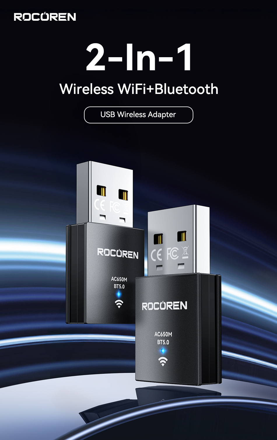 Rocoren AC650M Bluetooth 2-in-1 USB Wireless Receiver Adapter Network 2 ...