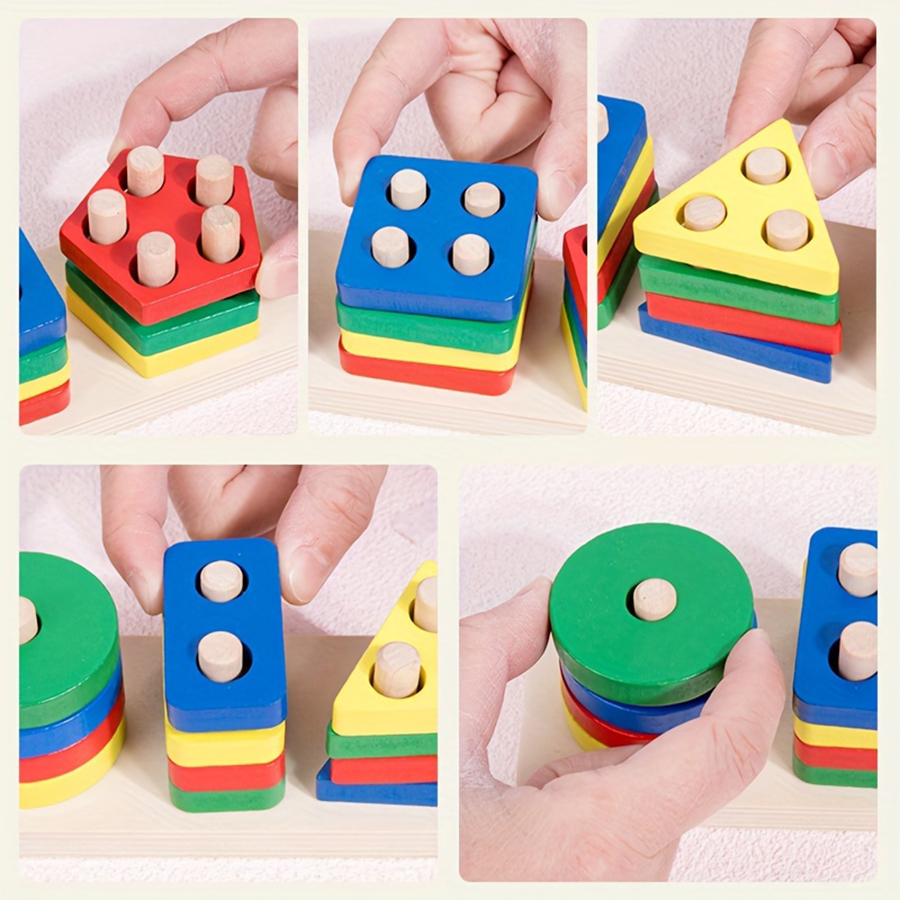 Five Sets Colorful Geometric Shape Column Matching Building Blocks ...