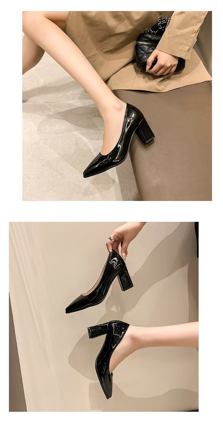 EXS Fashion Office Formal Work Black glossy shoes Pointed toe Block ...