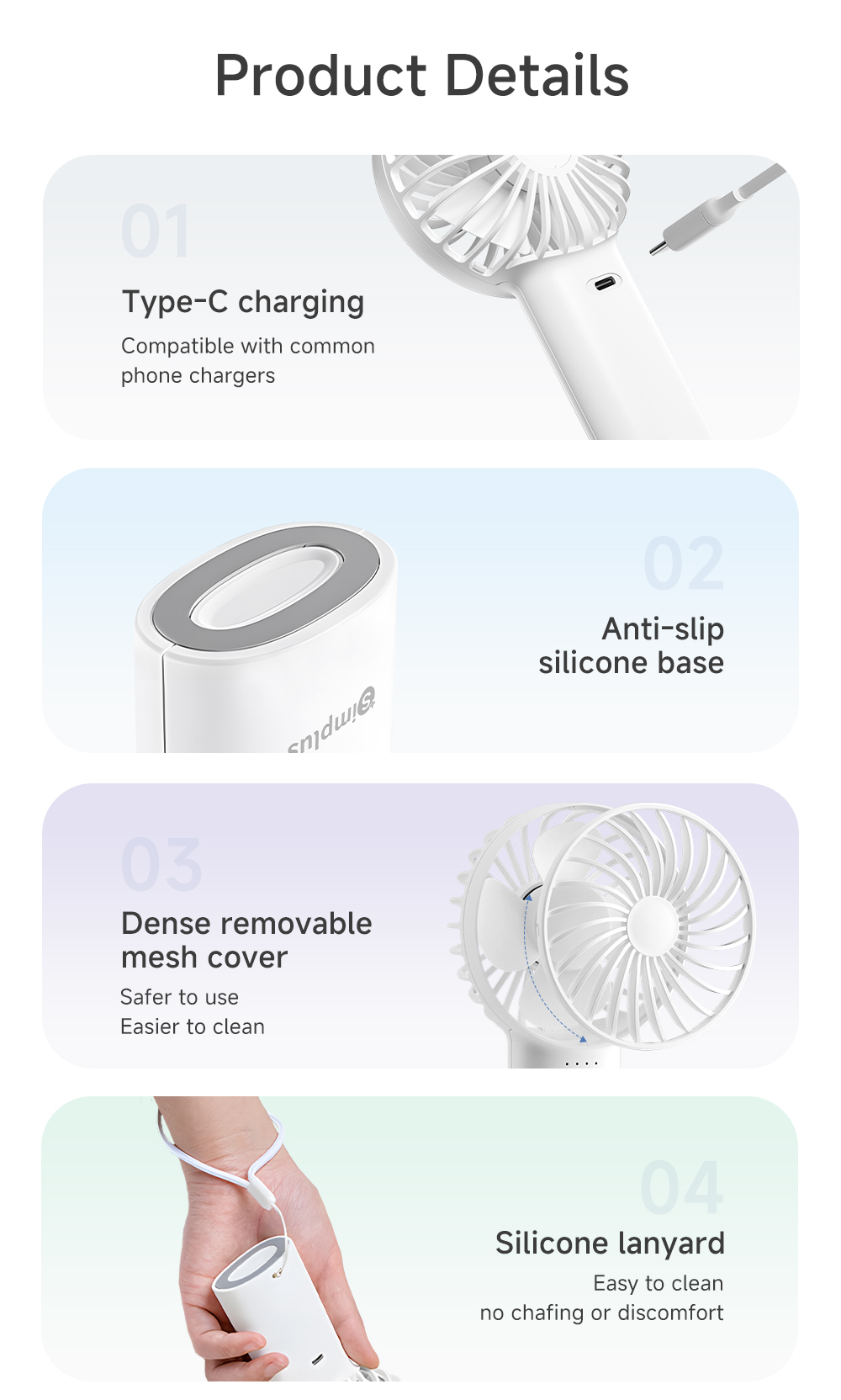 Simplus Mini Fan Rechargeable Fan 3 Speeds Type-C Charging Strong Wind ...