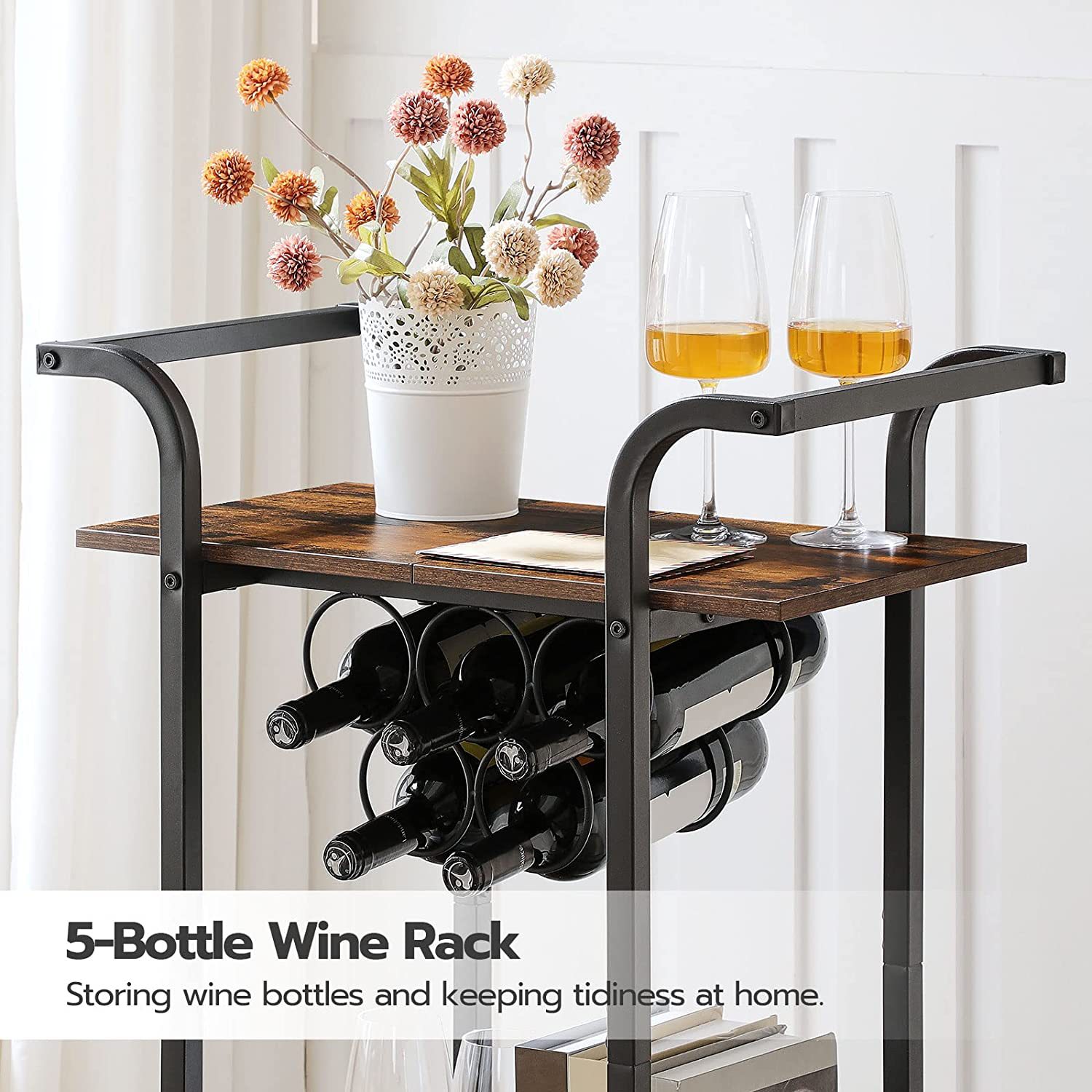 2-Tier Wine Rack Bar Cart Trolley With Bottle Organizer Wood Storage ...