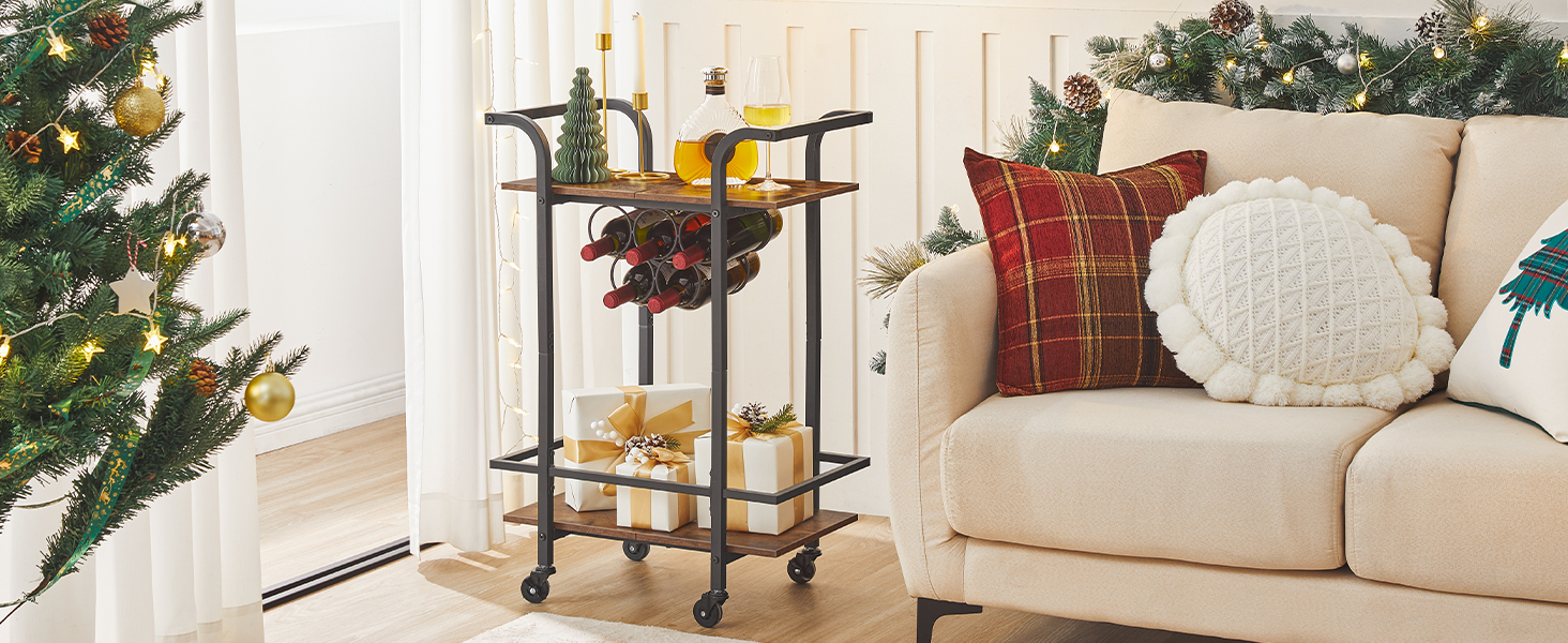 2-Tier Wine Rack Bar Cart Trolley With Bottle Organizer Wood Storage ...