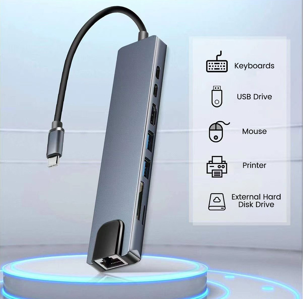 8-in-1 Type-C to HDMI Docking Station USB3.0 Card Reader RJ45 Gigabit ...