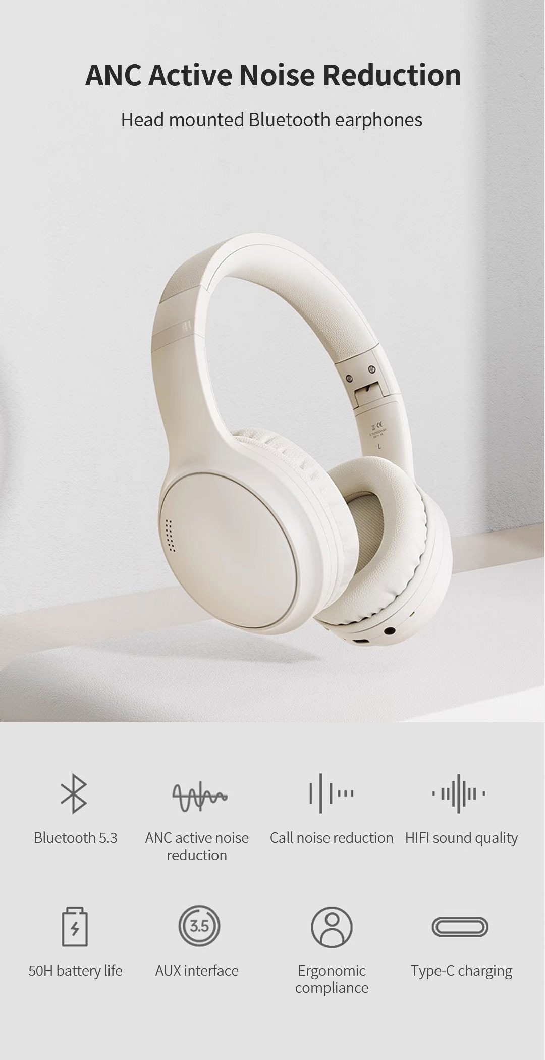 IENJOY BT037NC Head Mounted Headphones ANC Active Noise Reduction ...