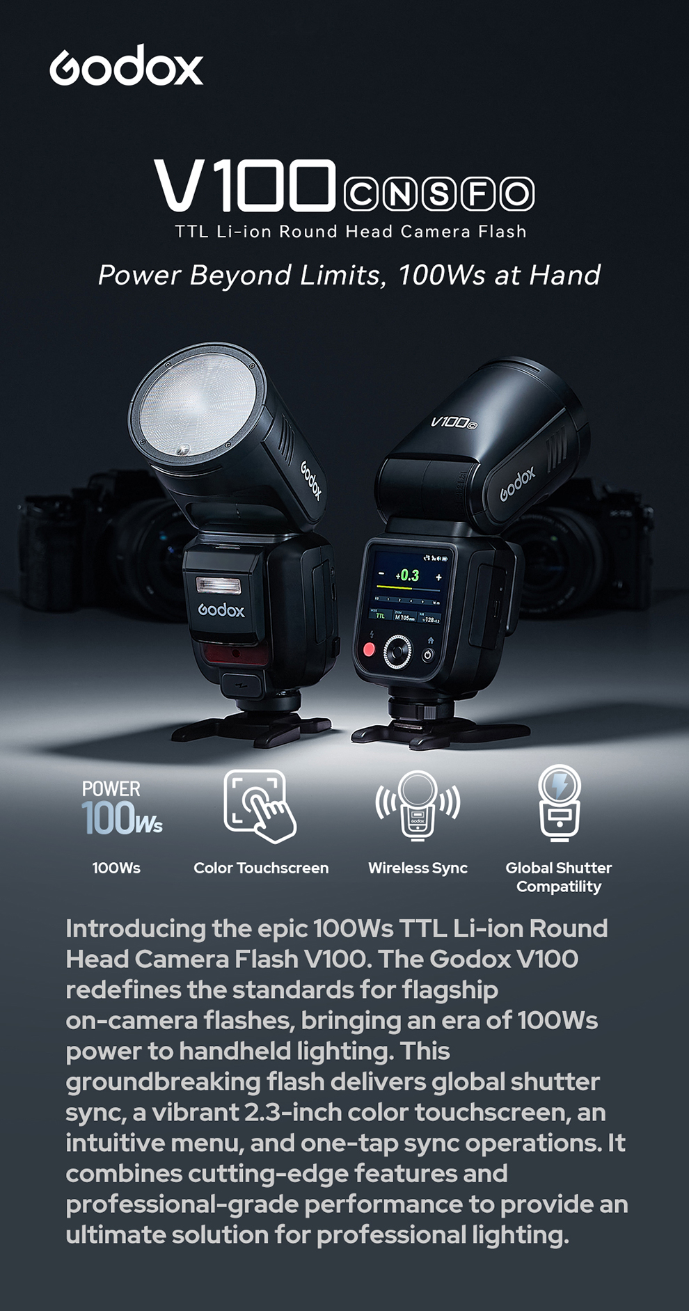 Godox V100-S Blitz Für Sony, 100Ws, Rundes Head, 2,4G Funk, HSS, Mit Touchscreen & Abnehmbarem Sub-Blitz