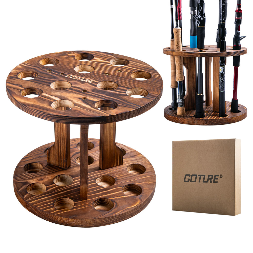 Goture 12 Slots Round Vertical Fishing Rods Holder Wood Display Rack ...