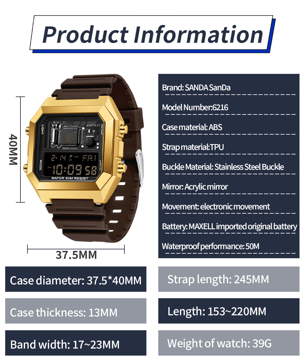 SANDA 6216 Fashion Electronic Watches for Men Alarm Clock Students ...