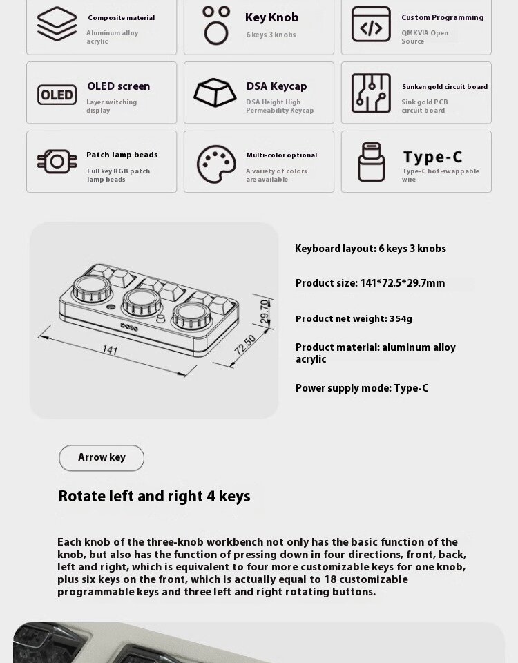 DOIO KB3X-03 Mini Mechanical Keyboard OLED Display Aluminum Alloy Frame ...