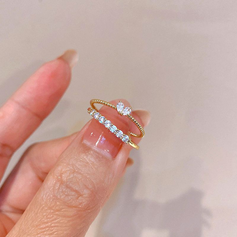 Zircon Heart Ring Set Stacking for Women Gold Silver Adjustable 2 Pcs ...