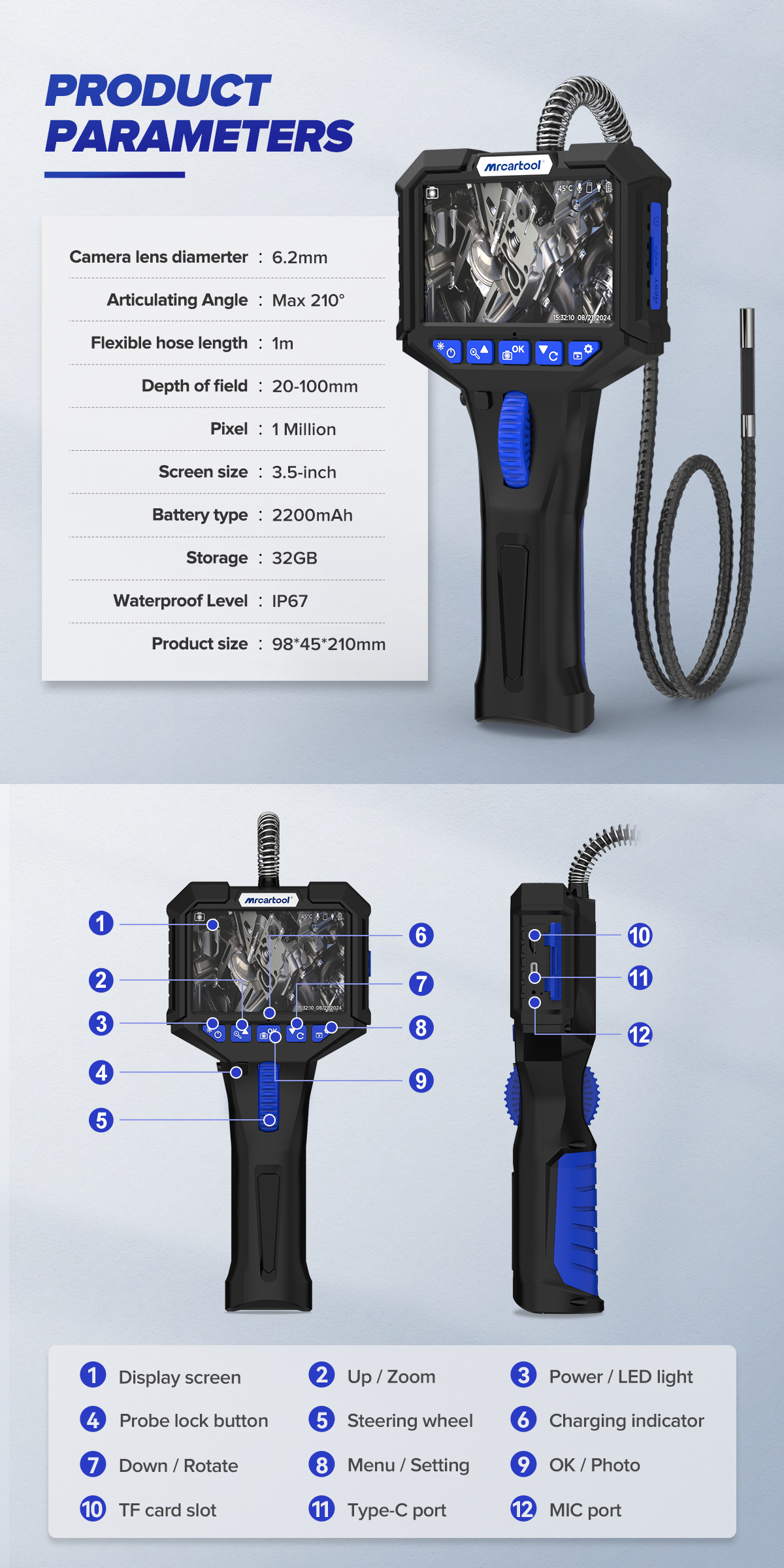MRCARTOOL N150 Steering Inspection Borescope Camera with 3.5-inch ...