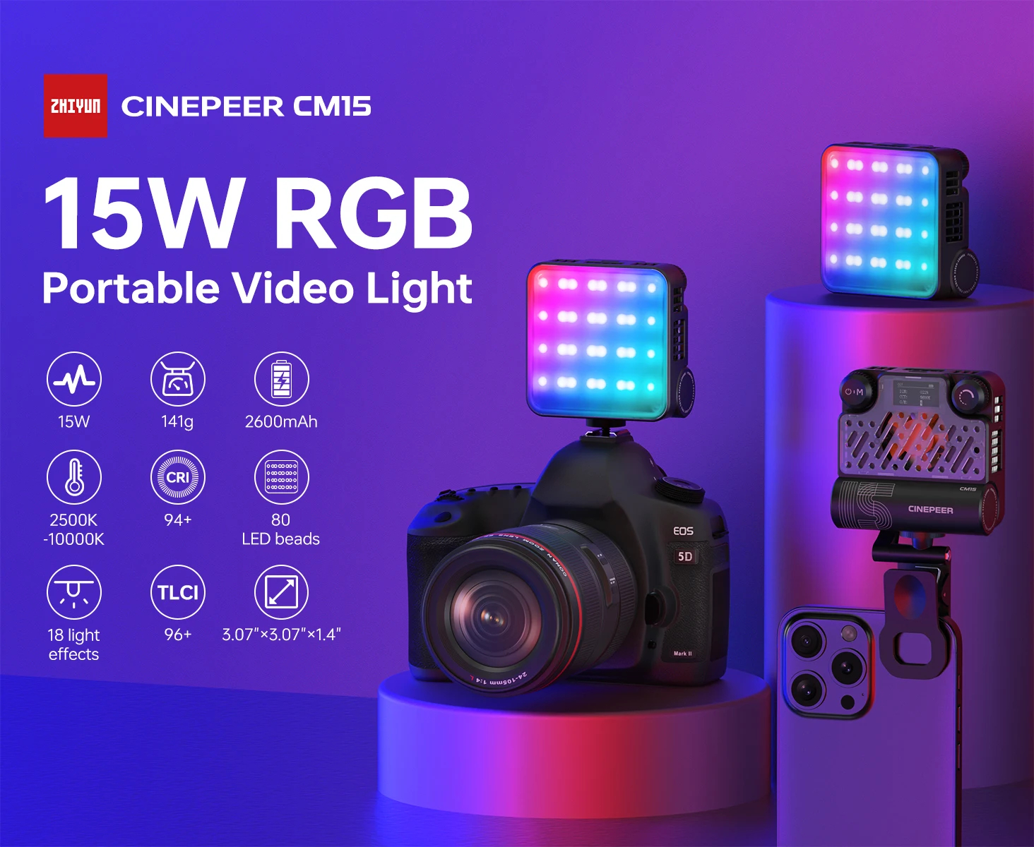ZHIYUN CM15 Luce Video LED 15W RGB - Luce Selfie Con Supporto Per Telefono, 18 Effetti Luminosi, CRI 94+ - Foto 4