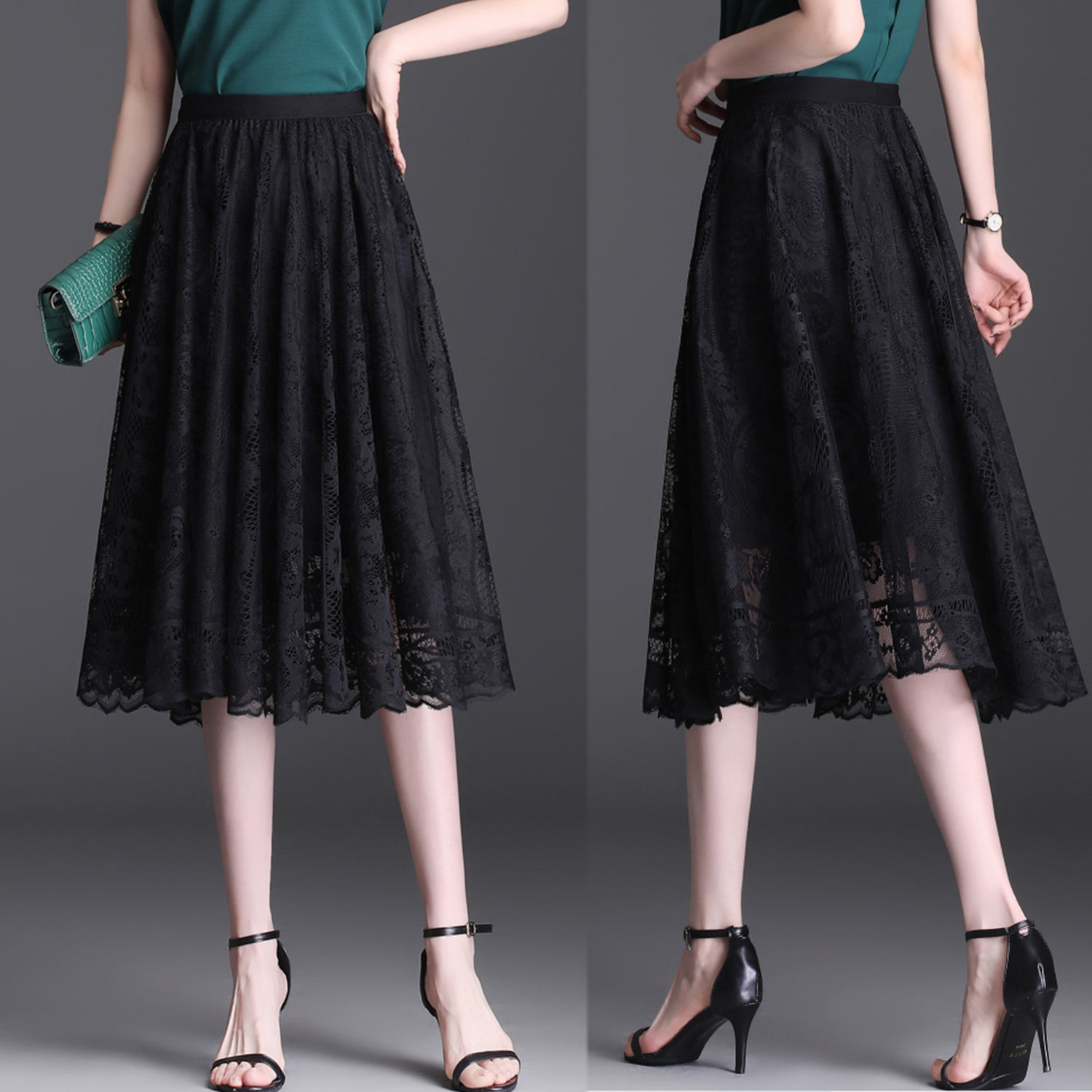 ADORA Elastic Waist Lace Midi Skirt