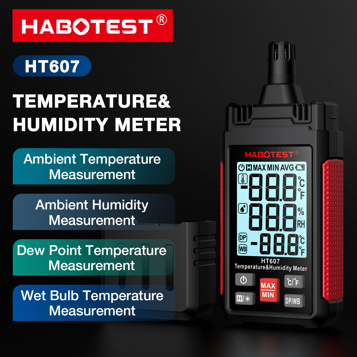 HABOTEST HT607 Moisture Meter Handheld Thermometer Humidty Meter Thermo ...