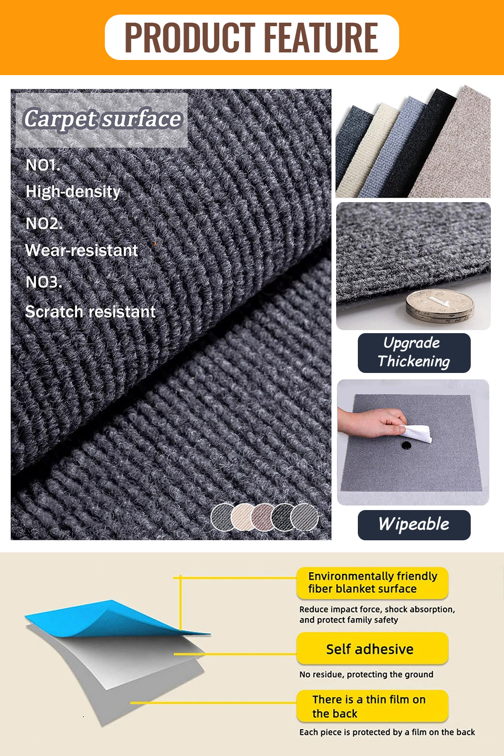 Carpet Floor Self-Adhesive Non-slip Carpet Sticker 30x30cm Square for ...