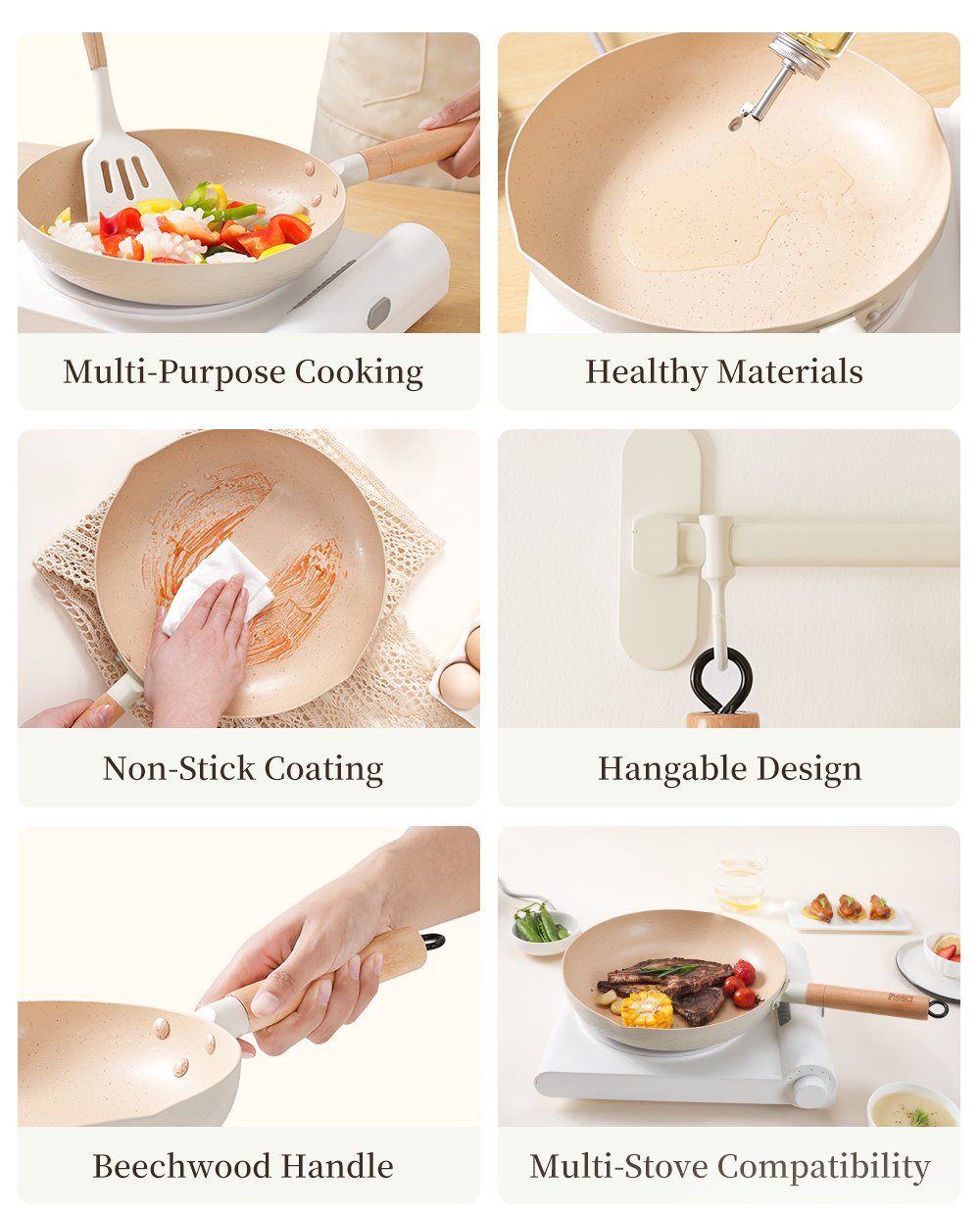 Simplus 26cm Frying Pan Wok Non Stick PFOA Free With Wooden Handle ...