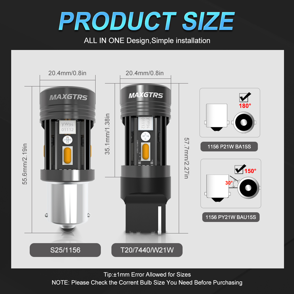2-Pack High Power 1156 LED Amber Turn Signal Bulbs - 50W Equivalent, CAN Bus Compatible