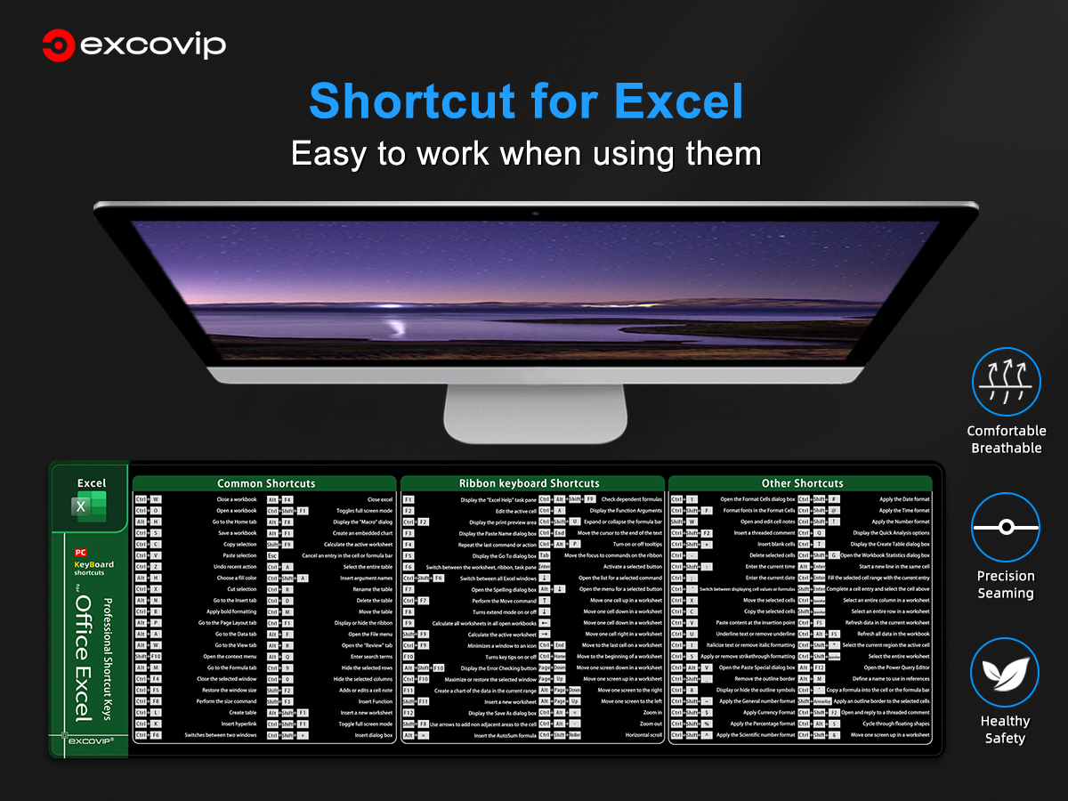 Excel Office Shortcut Key Large Size Mouse Pad English Soft Comfortable ...