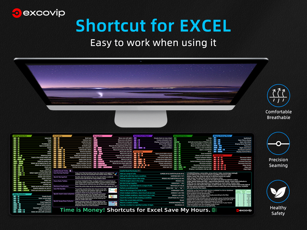 Excel Office Shortcut Key Large Size Mouse Pad English Soft Comfortable ...