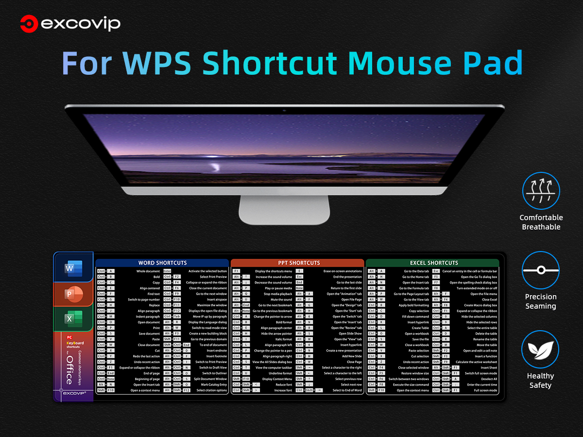 Excel Office Shortcut Key Large Size Mouse Pad English Soft Comfortable ...