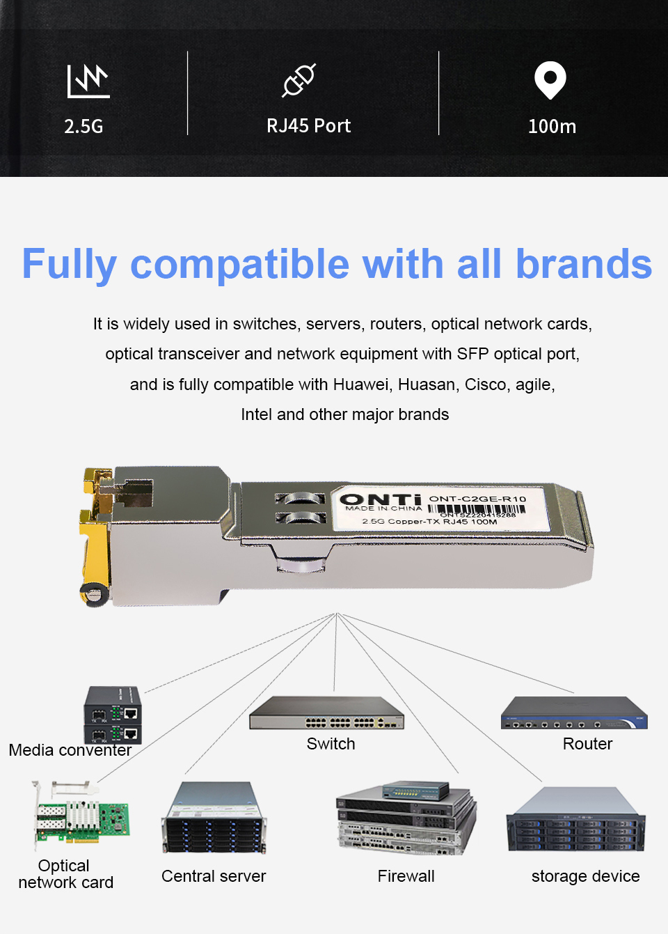 Onti 2.5G RJ45 SFP Module 2.5 Gbps SFP Copper Wire RJ45 SFP Transceiver ...