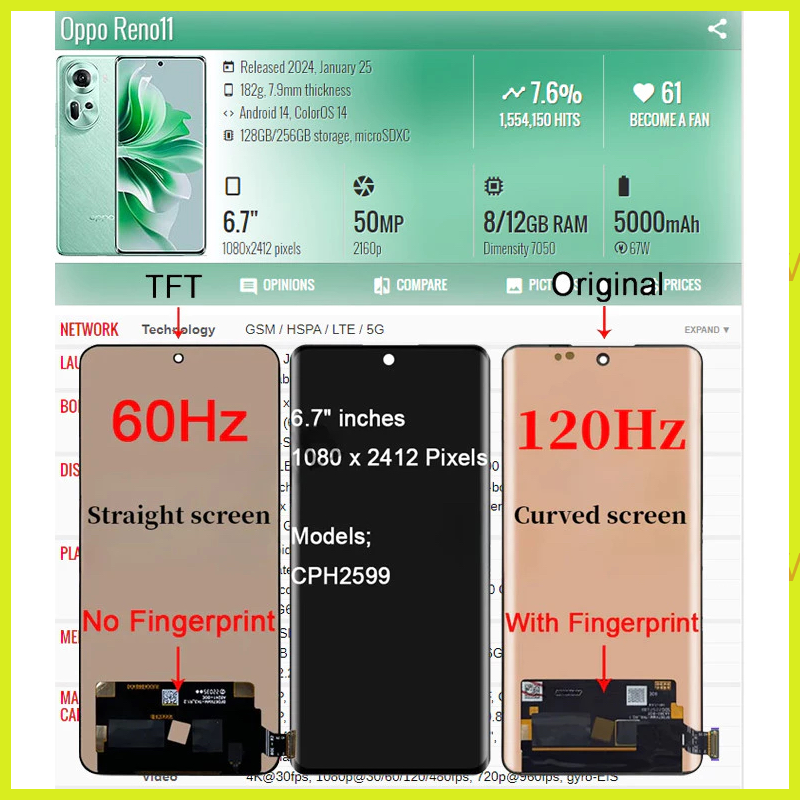Original AMOLED For OPPO Reno 11 Reno 11 Pro Reno 11F 5G LCD Display ...