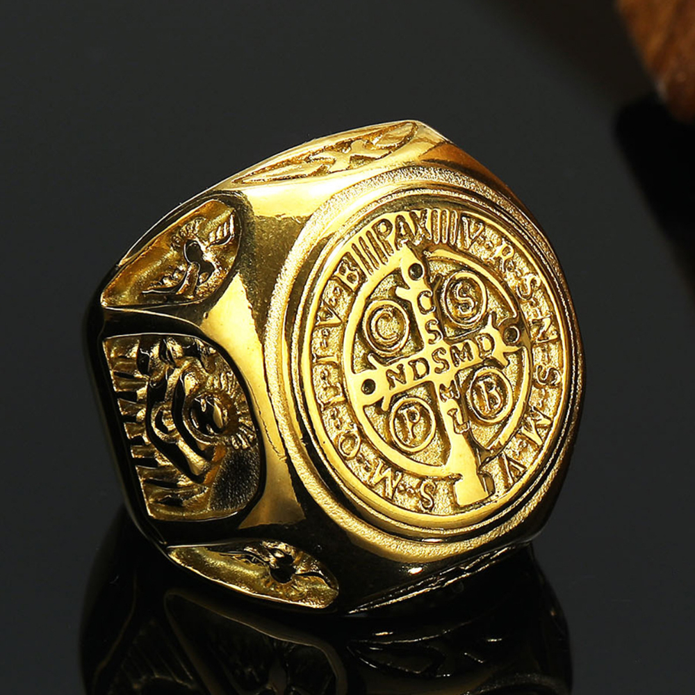 St Benedict Exorcism Men's Ring Stainless Steel Catholic Roman Cross ...