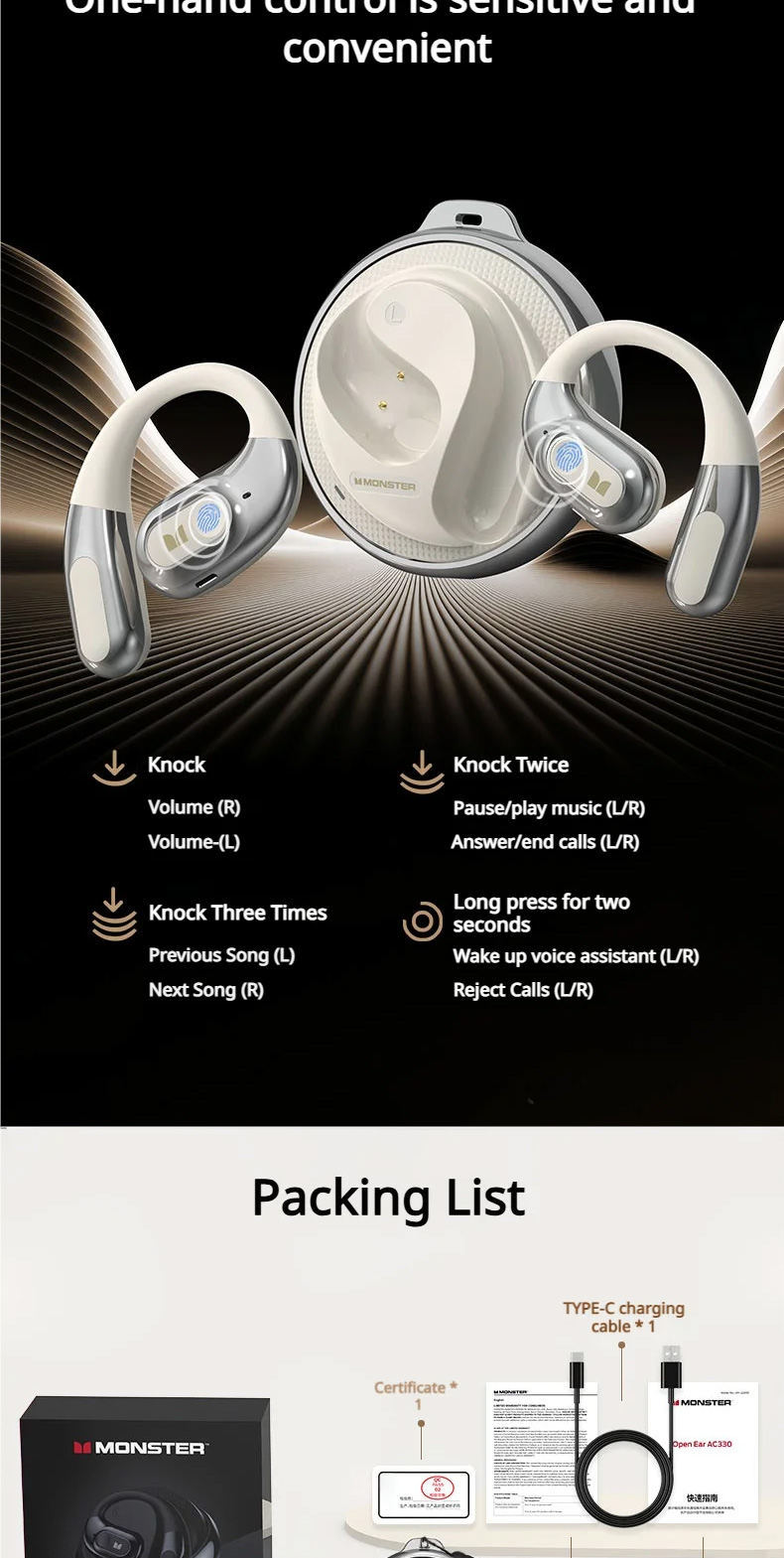 Monster AC330 Open Ear Wireless Earphones Bluetooth 5.4 HD Call Noise ...